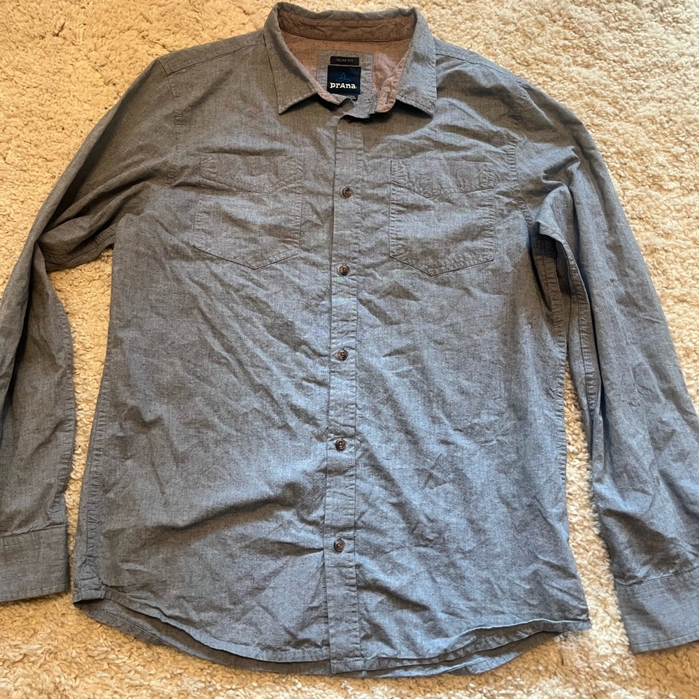 Prana Blue Casual Button Down Shirt with Textured Fabric